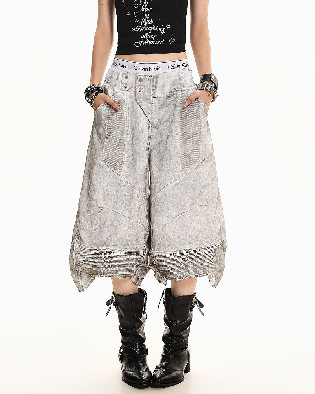 DIRTY WASH DISTRESSED CROPPED DENIM JEANS - WHITE