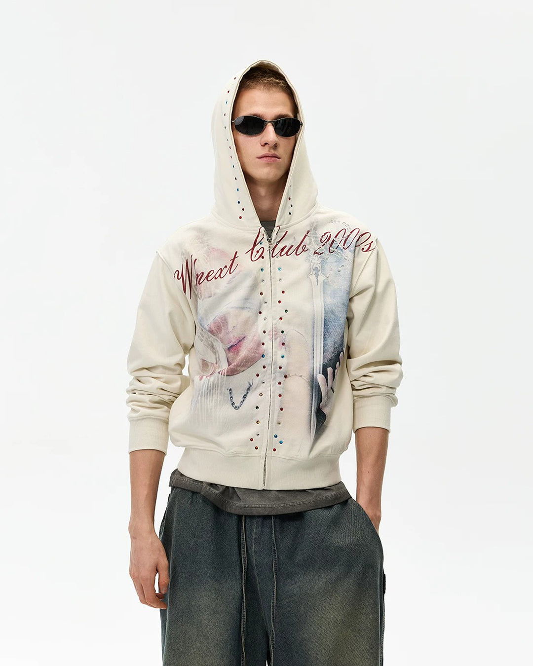 CROPPED RHINESTONE ZIP-UP HOODIES - Beige