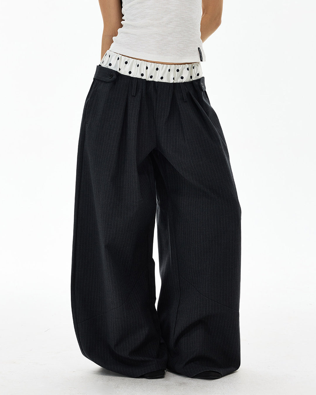 POLKA DOT DOUBLE WAIST STRIPED CASUAL PANTS - GRAY