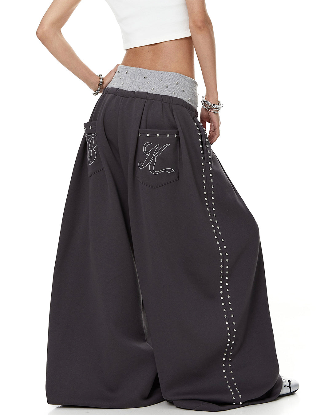 DOUBLE WAISTBAND BEADED EMBROIDERED SWEATPANTS - DARK GRAY