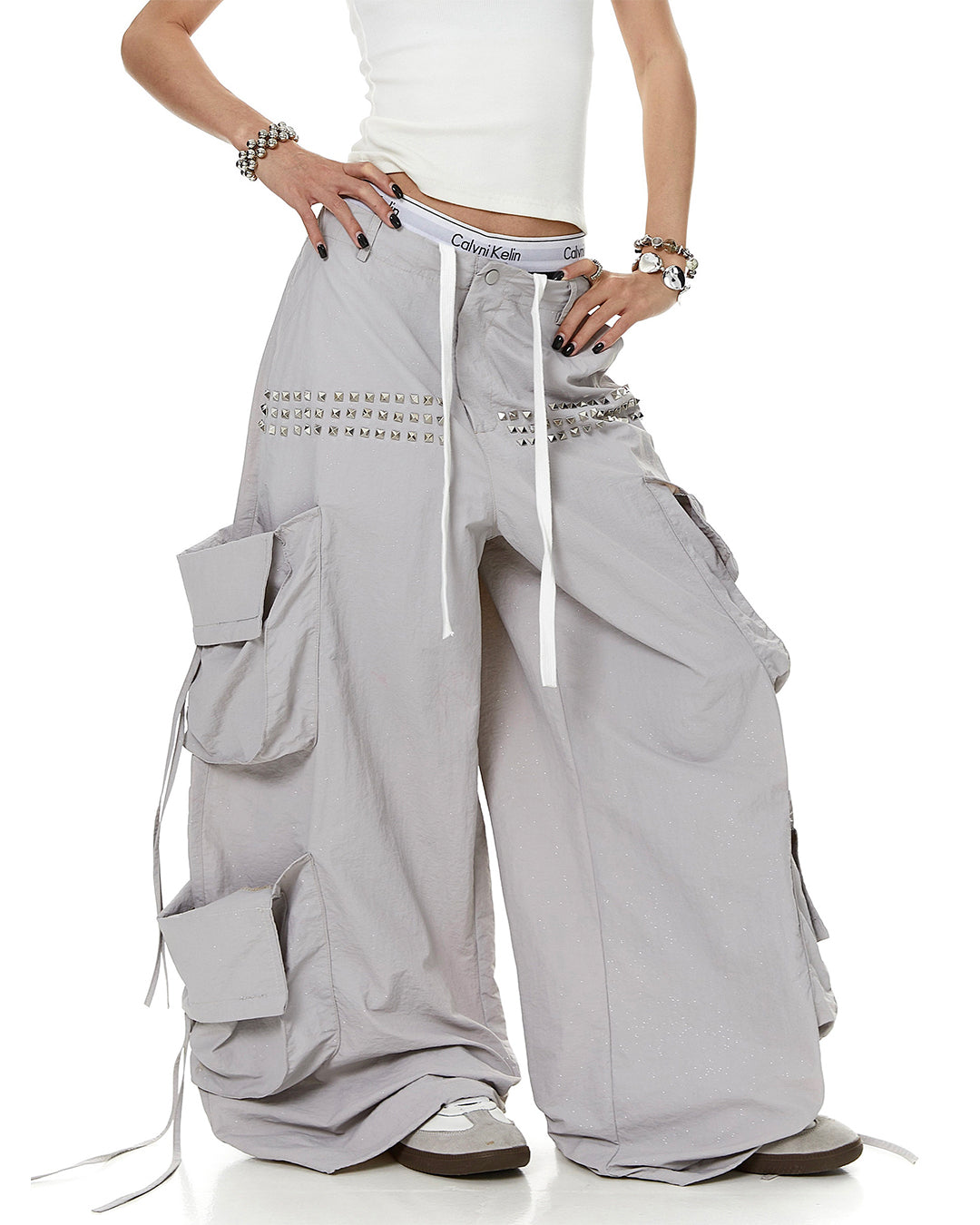 ALL-OVER SEQUIN STUDDED PARACHUTE CARGO PANTS -  GRAY