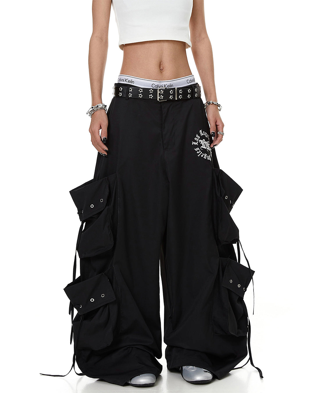 MULTI-POCKET PARACHUTE DANCE CARGO PANTS - BLACK