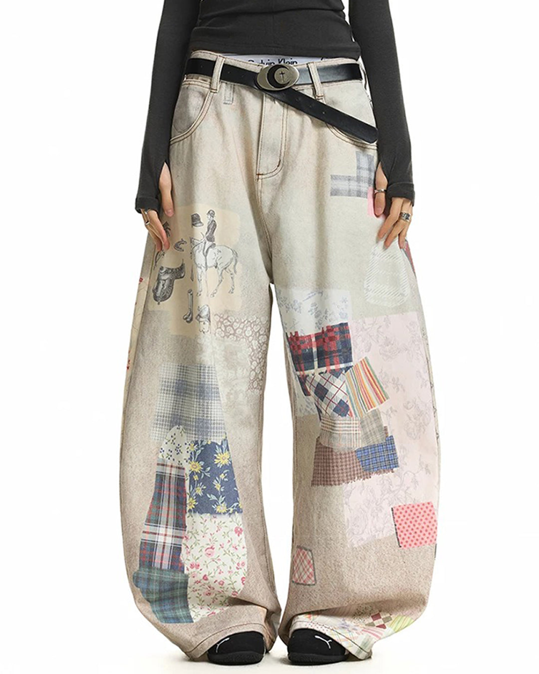 PATCHWORK PRINT BARREL-LEG JEANS