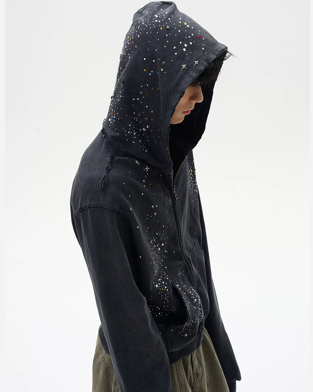 CROPPED BOXY RHINESTONE ZIP-UP HOODIES - BLACK