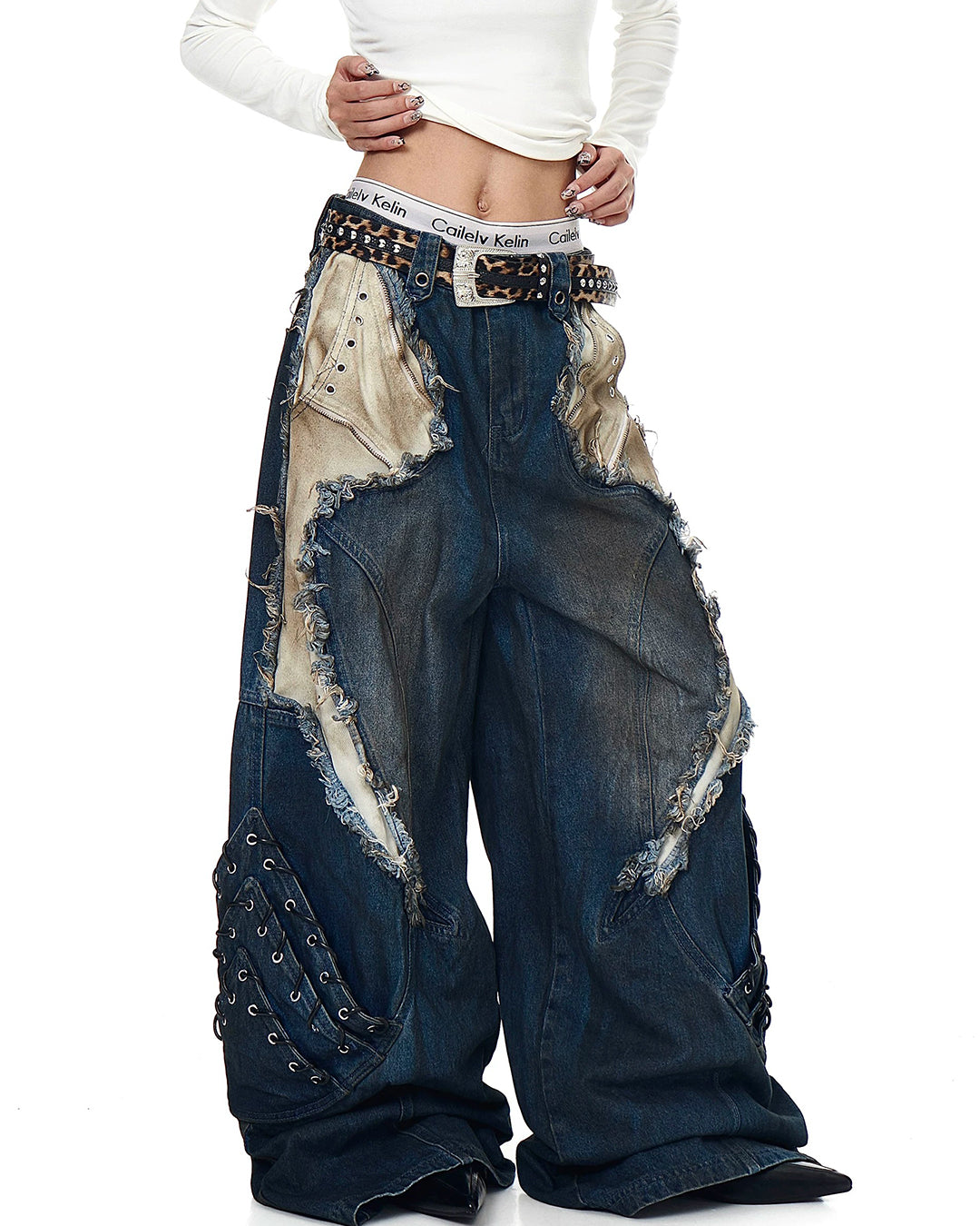 DIRTY WASH PATCHWORK VINTAGE DENIM JEANS - BLUE