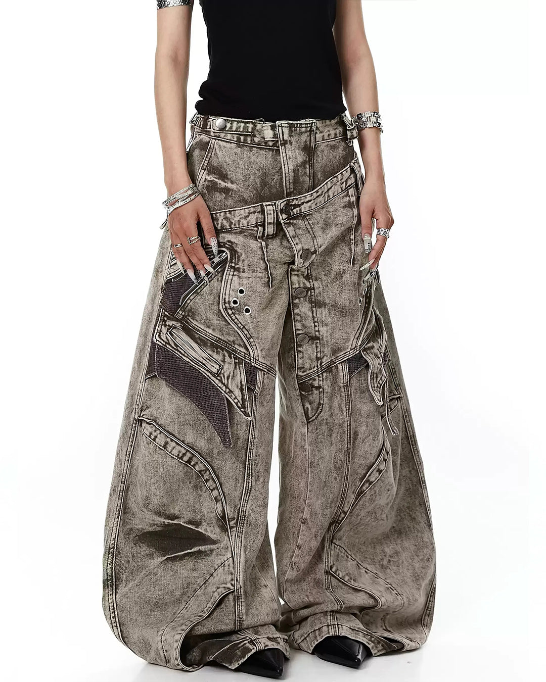 LAYERED WAISTBAND GRUNGE WASH BARREL LEG JEANS - KHAKI