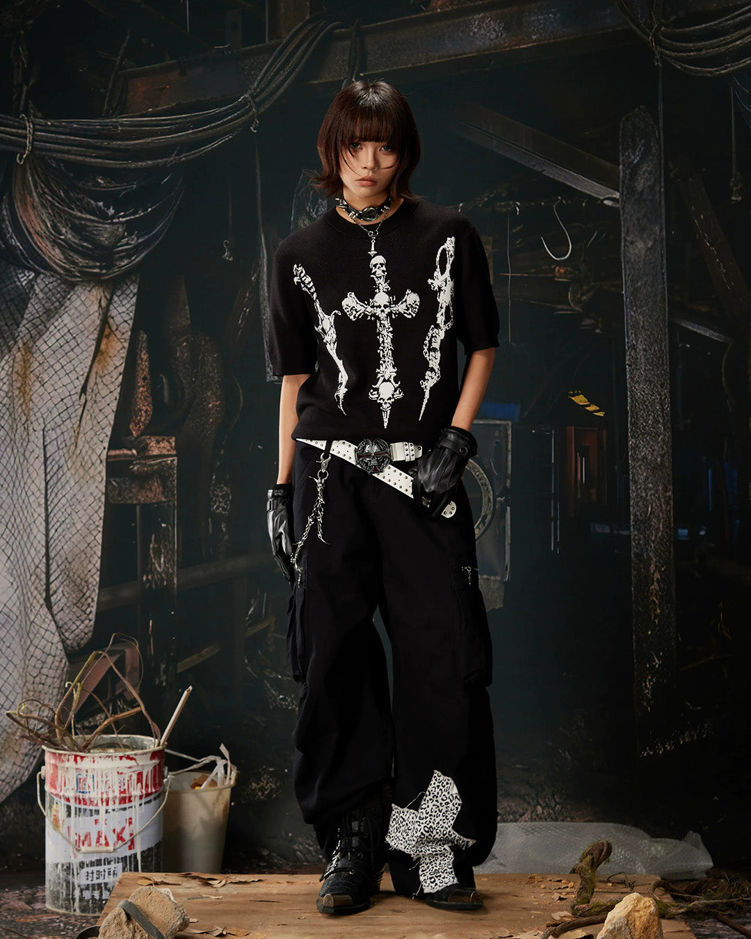 LEOPARD DOUBLE WAISTBAND PATCHWORK CARGO PANTS - BLACK