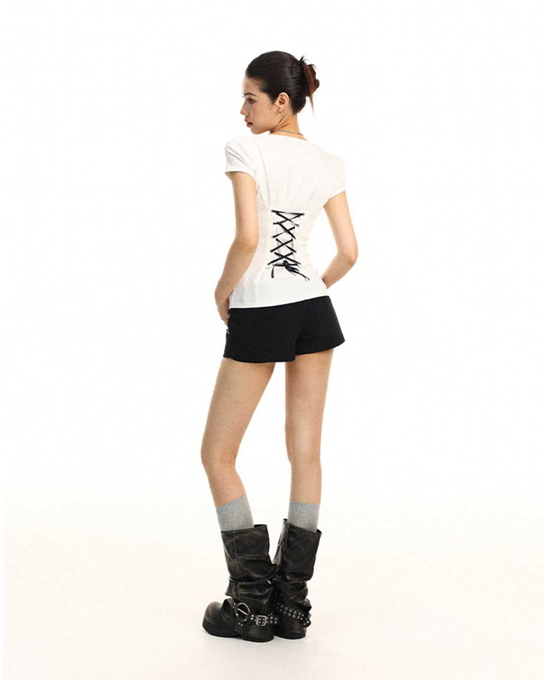 BACK TIE WAIST CINCH T-SHIRTS - WHITE