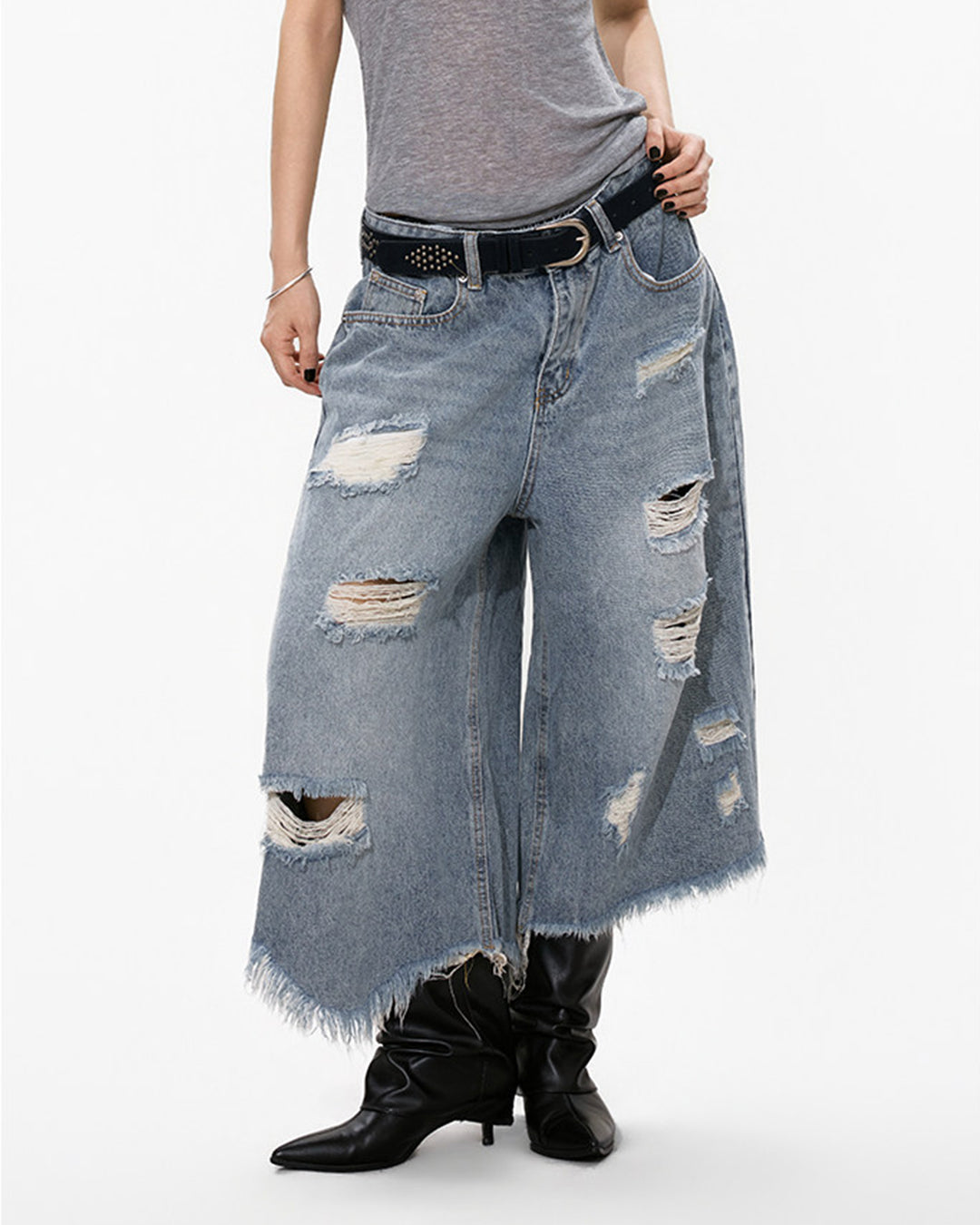 WASHED DISTRESSED FRAYED DENIM 3/4 PANTS - BLUE