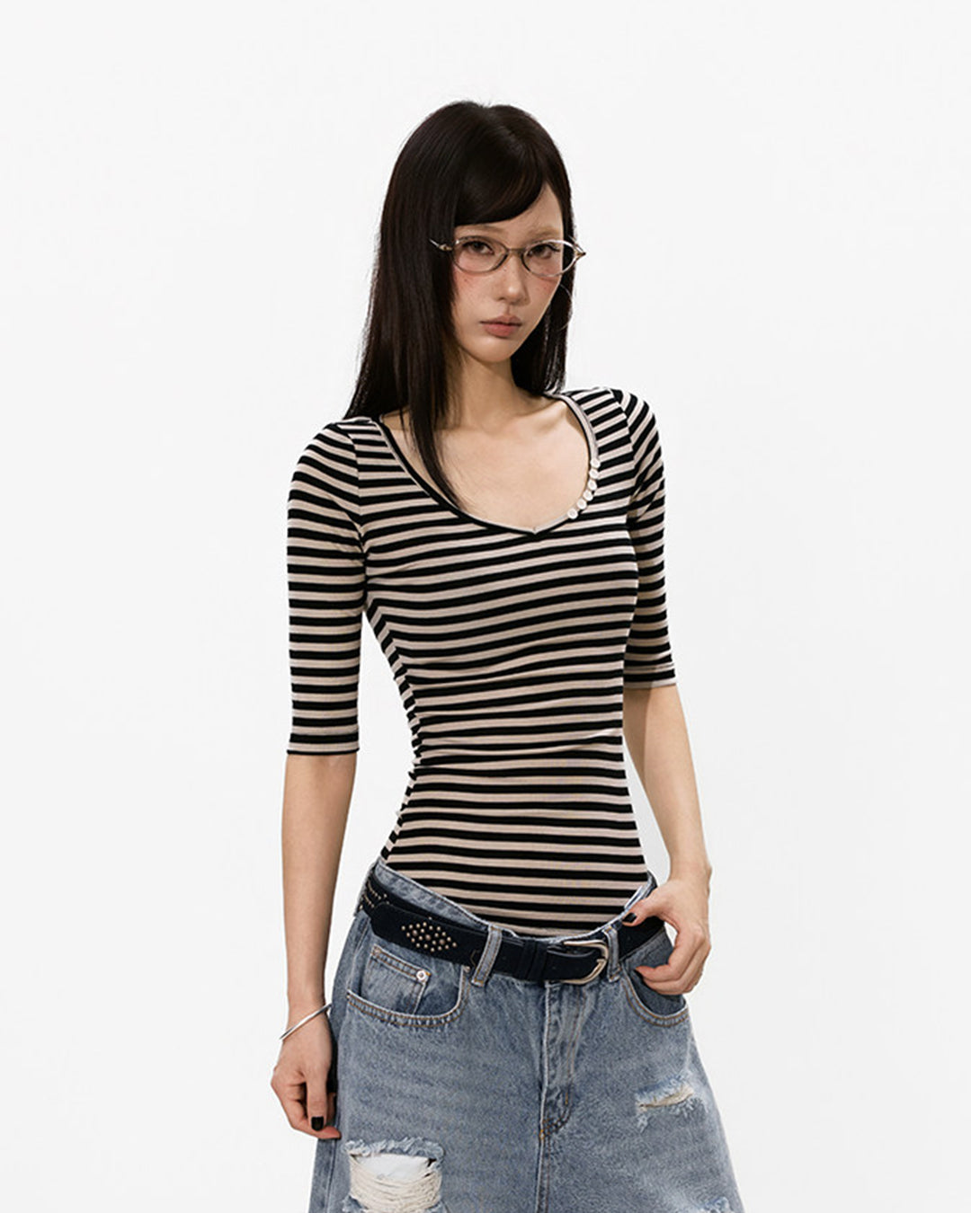 STRIPED MID-SLEEVE T-SHIRTS - BLACK
