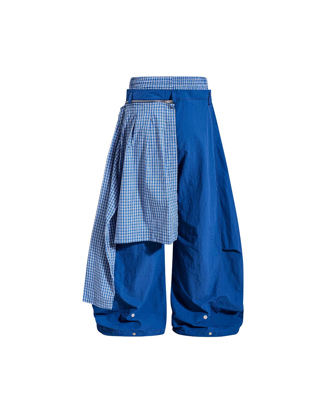 DOUBLE WAIST PLAID APRON PARACHUTE PANTS - BLUE