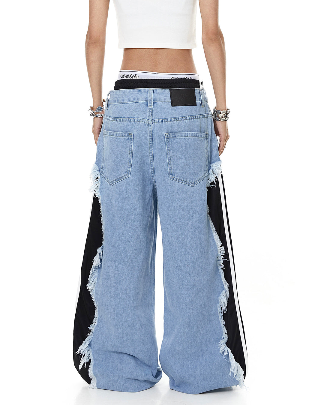 FRAYED EDGE WIDE LEG DENIM PANTS - BLUE