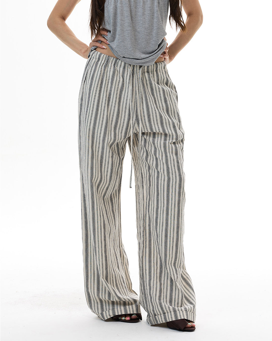 RELAXED STRIPED LINEN PANTS - BEIGE