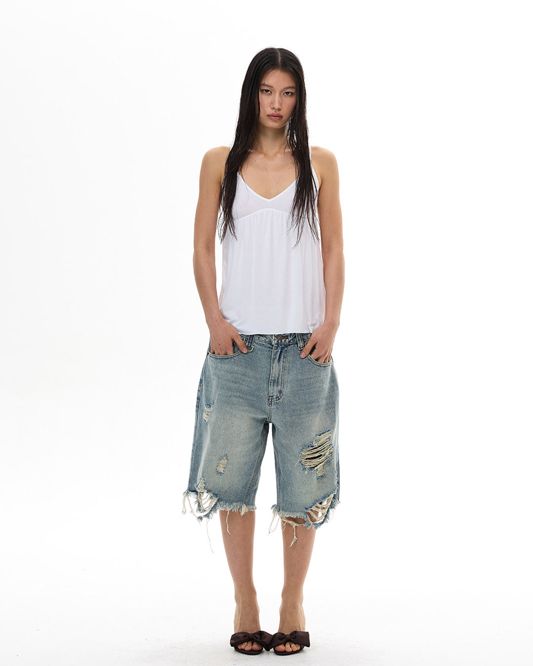 VINTAGE DISTRESSED FRAYED JORTS - BLUE