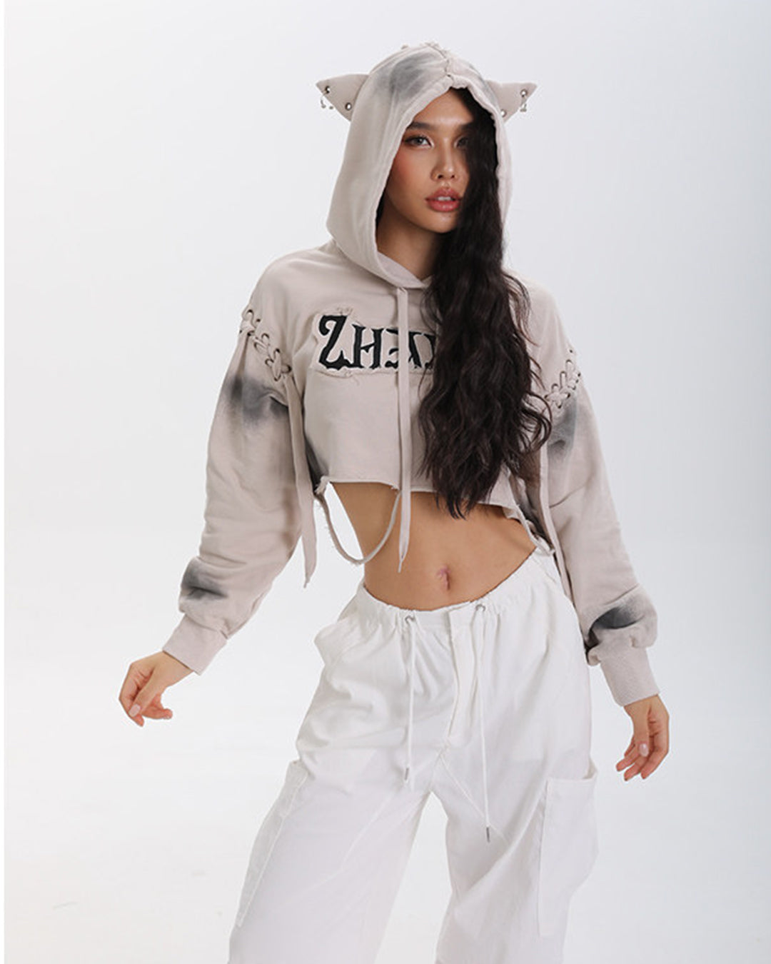 WASTELAND CAT EAR CROPPED HOODIES - APRICOT