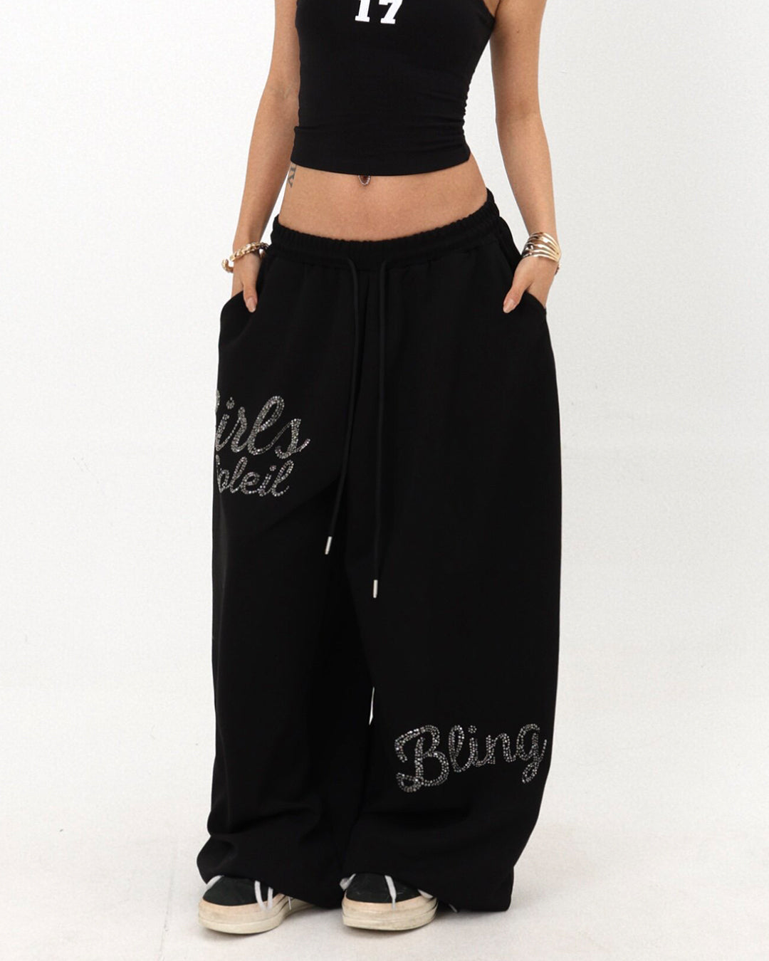 WATER FLOW LOGO RHINESTONE JAZZ PANTS - BLACK