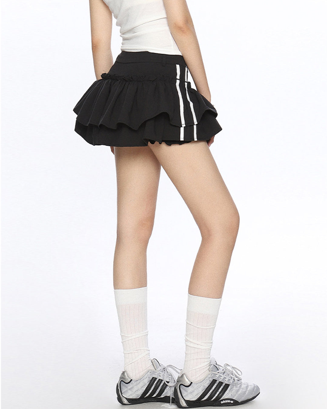 SPORTY STRIPE PUFF MINI SKIRTS - BLACK