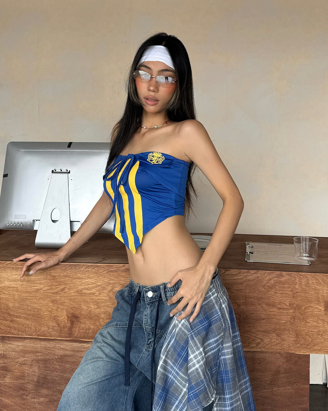 SPORTY JERSEY STRIPED CROPPED TUBE TOPS - BLUE