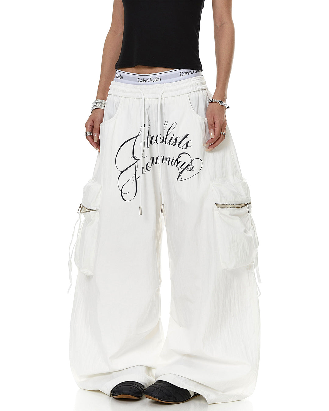 LETTER PRINT MULTI-POCKET PARACHUTE CARGO PANTS - WHITE