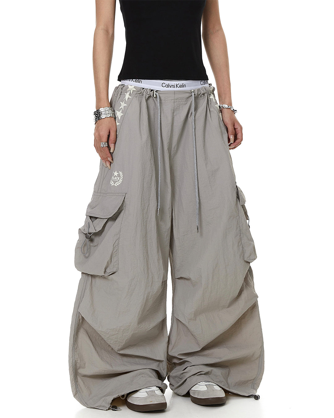 STAR PRINT PLEATED QUICK-DRY CARGO PANTS - GREY