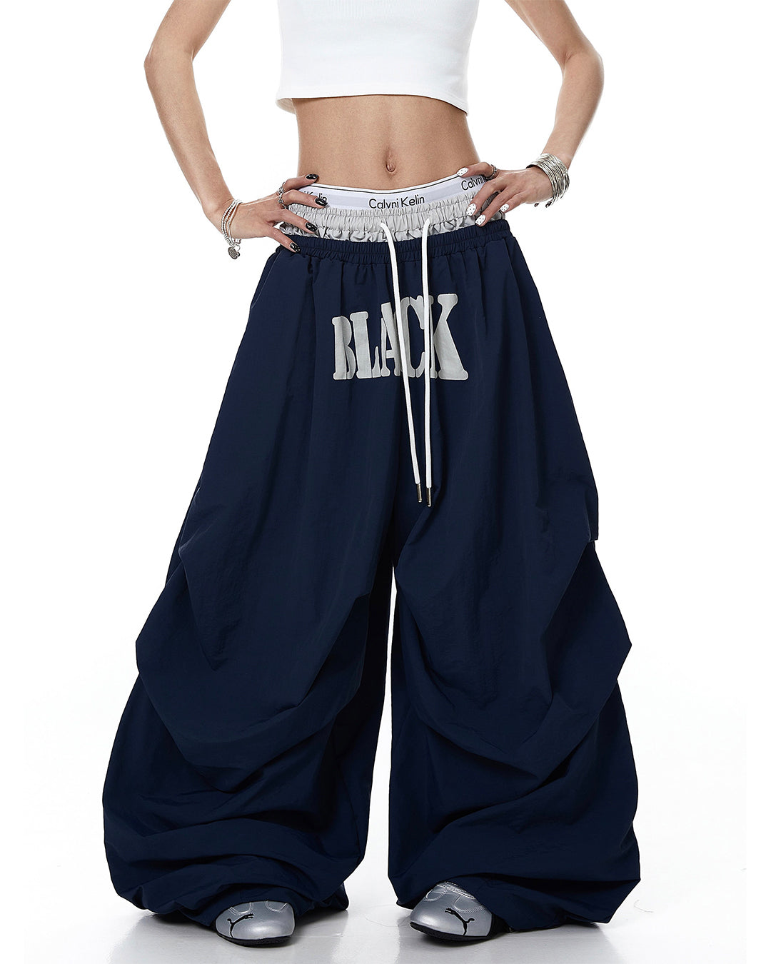DOUBLE-WAIST LETTER PRINT PARACHUTE PANTS - NAVY BLUE