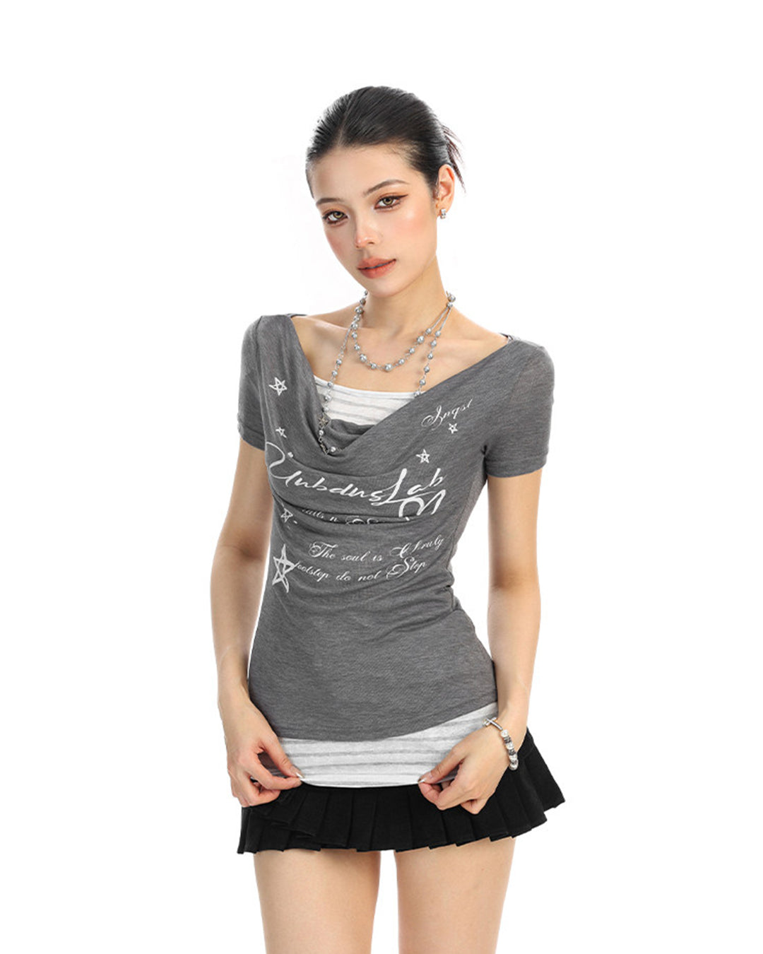 GRAPHIC LETTER LAYERED-LOOK DRAPED T-SHIRTS - GREY