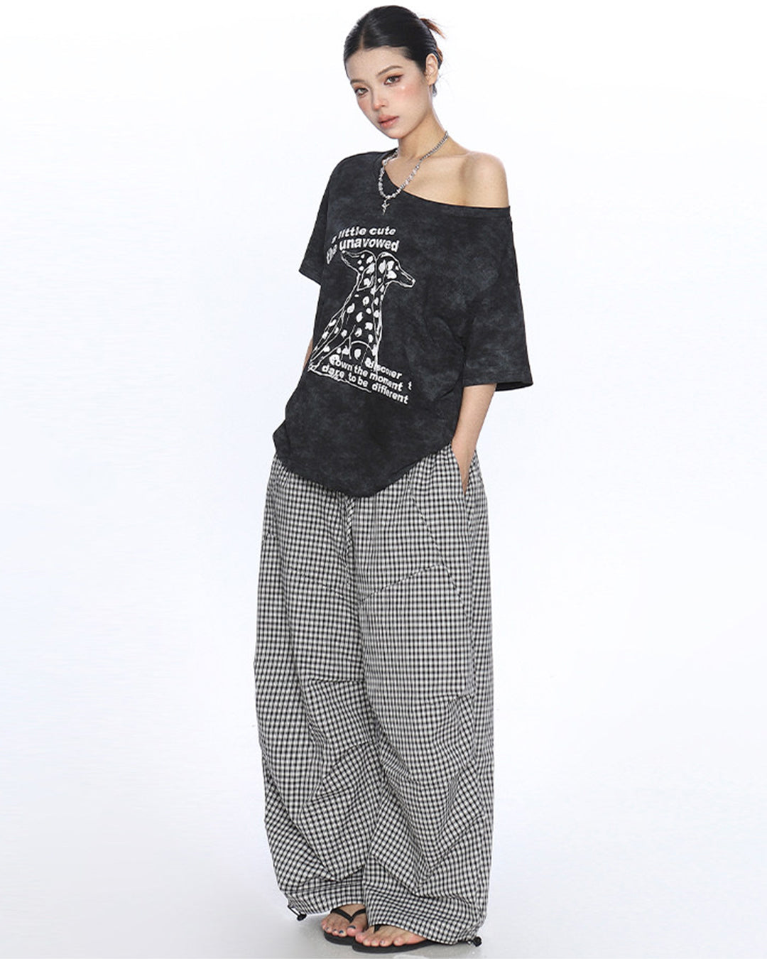DALMATIAN PRINT ASYMMETRIC SHOULDER T-SHIRTS - BLACK
