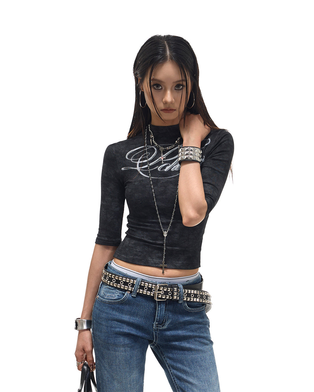 DISTRESSED MARBLE TEXTURE 3/4 SLEEVE T-SHIRTS - BLACK
