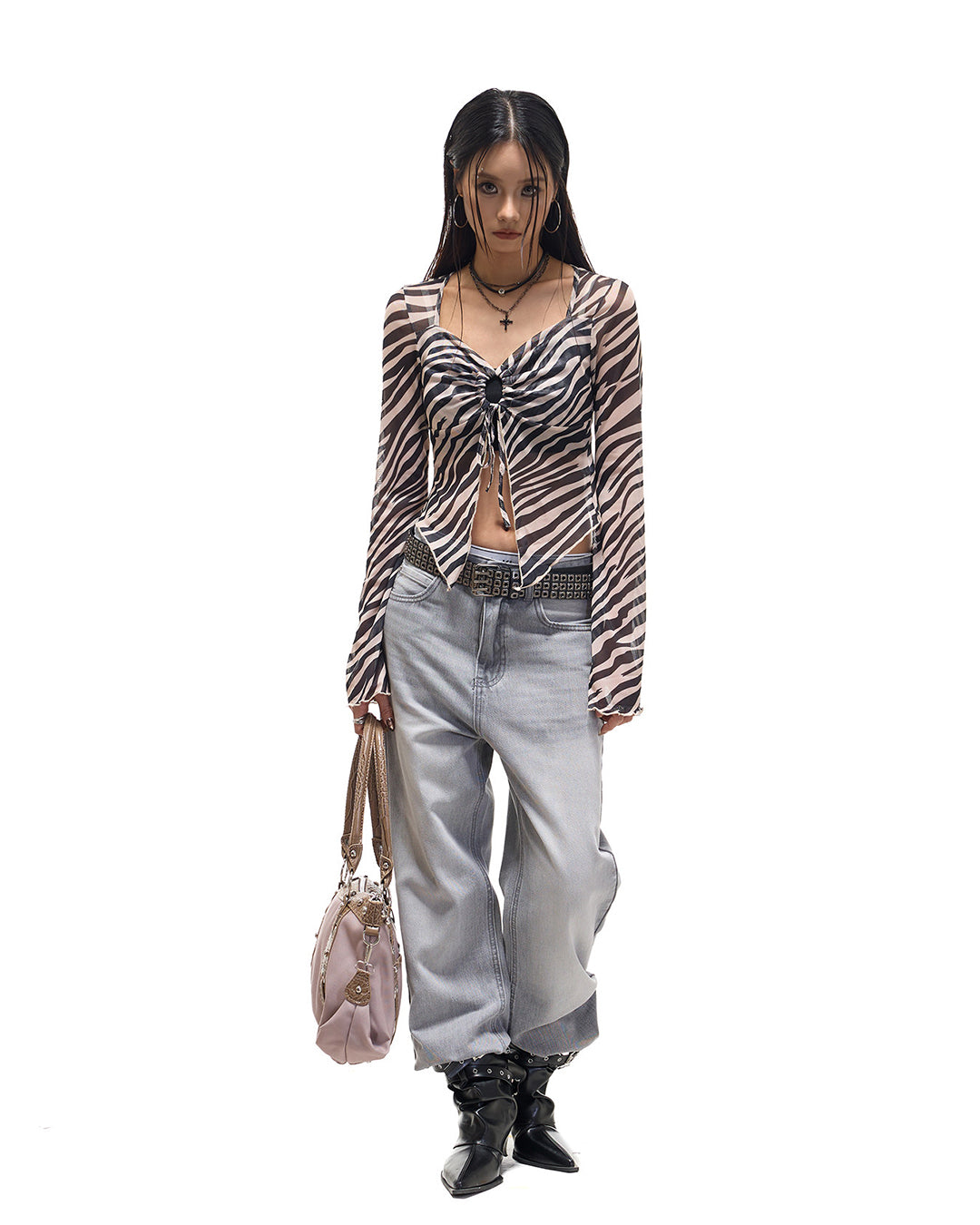 ZEBRA PRINT ASYMMETRIC FISHTAIL MESH TOPS - BLACK