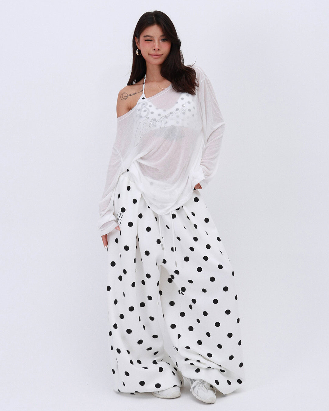ALL-OVER POLKA DOT LOOSE FIT CASUAL PANTS - WHITE