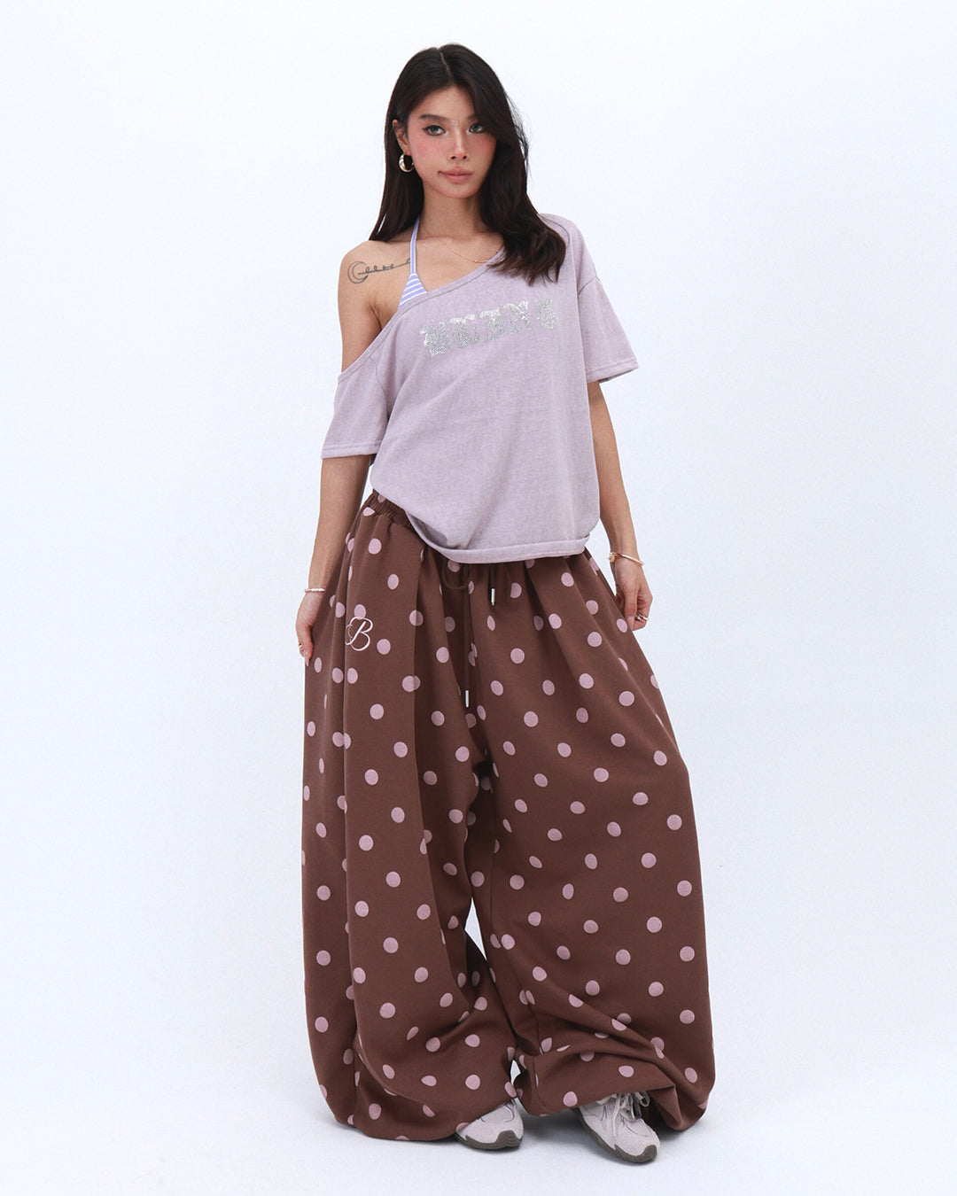 ALL-OVER POLKA DOT LOOSE FIT CASUAL PANTS - BROWN