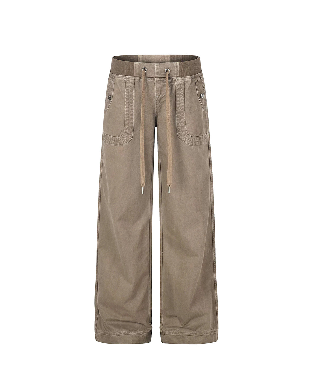 DRAWSTRING LOW-RISE SLIGHT FLARE CARGO PANTS - LIGHT BROWN