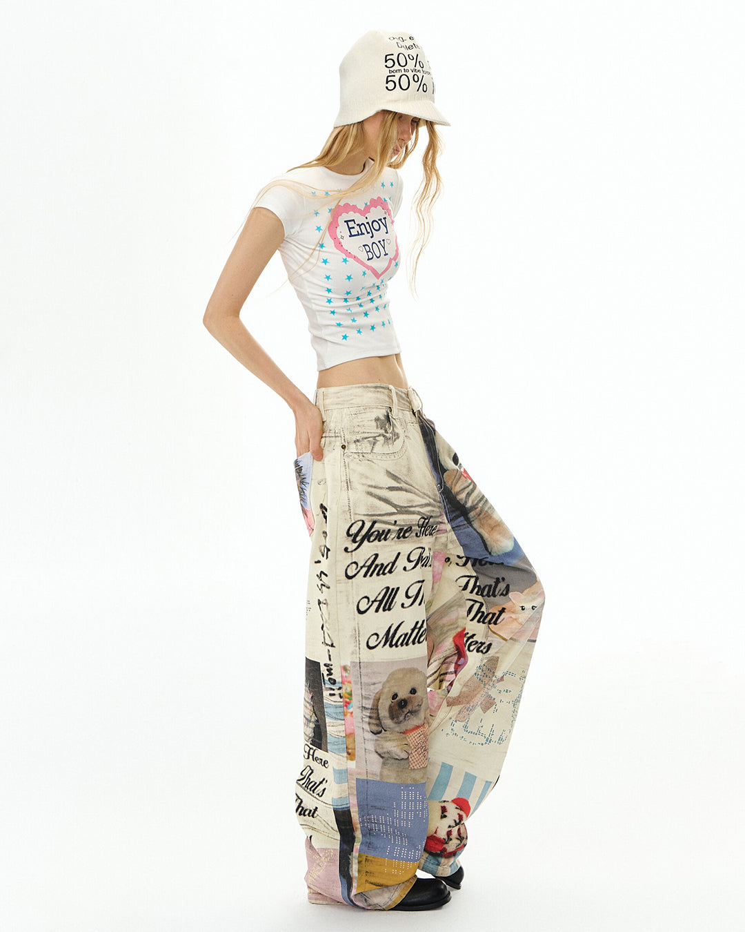 PLUSH PUPPY PRINT DENIM JEANS - OFF WHITE