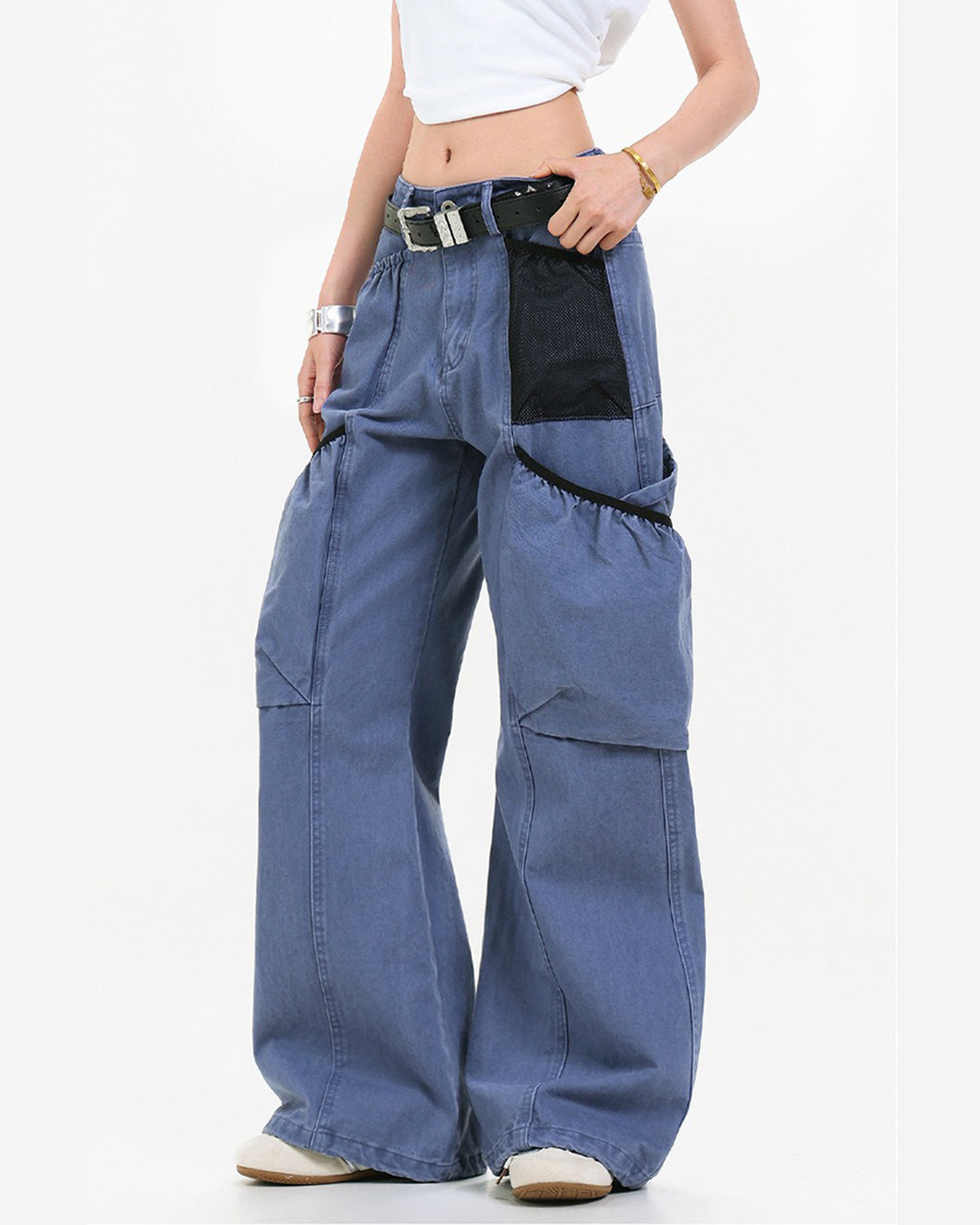 MESH BAG PATCHWORK MULTI-POCKET CARGO PANTS - BLUE