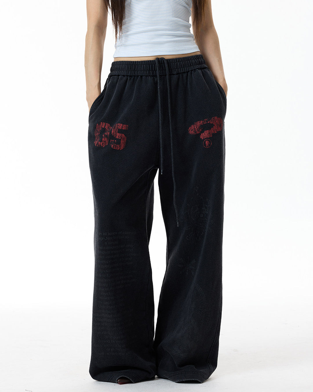 LETTER PRINT DISTRESSED STRAIGHT-LEG SWEATPANTS - BLACK