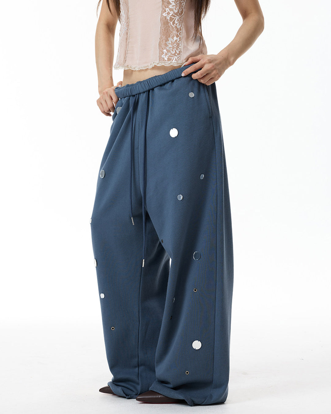 DISTRESSED SEQUIN STRAIGHT-LEG SWEATPANTS - MISTY BLUE