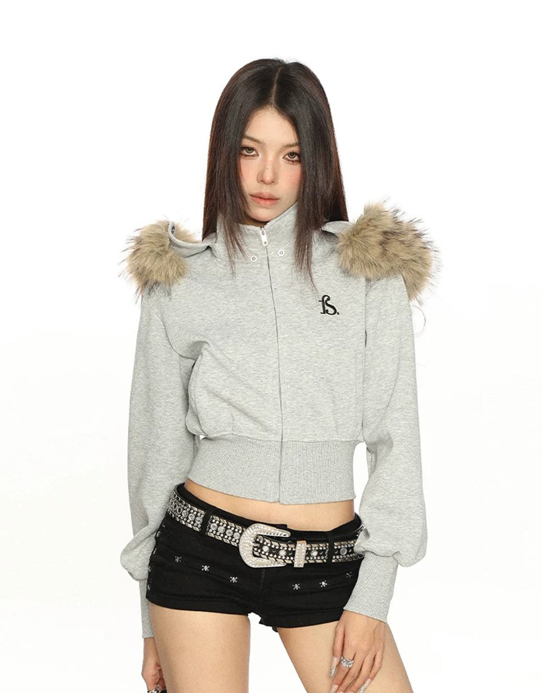FUR COLLAR CROPPED ZIP HOODIES - HEATHER GREY