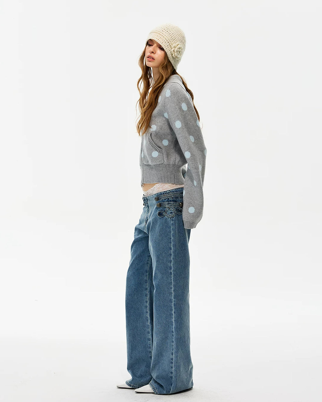 POLKA DOT ZIP-UP HOODED KNIT JACKETS - GRAY