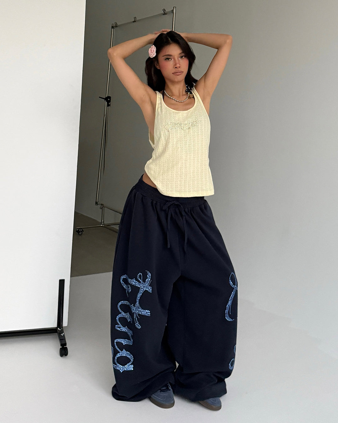 RHINESTONE LETTER TRAINING SWEATPANTS - NAVY BLUE