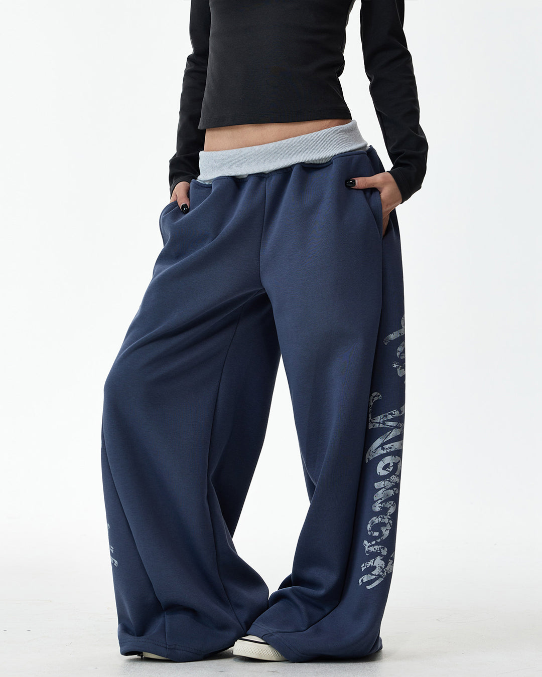 RIBBED ELASTIC WAIST LETTER PRINT SWEATPANTS - BLUE