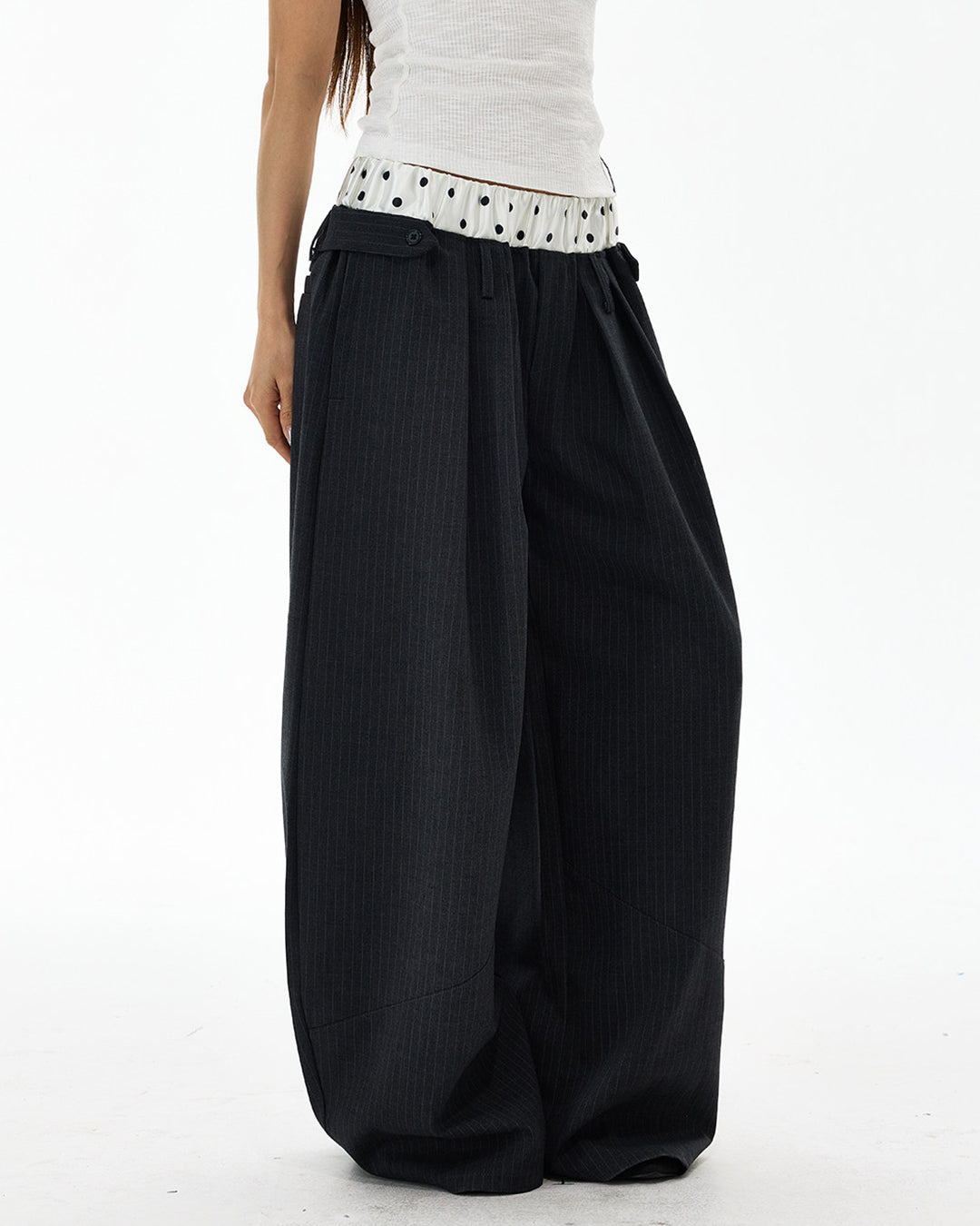 POLKA DOT DOUBLE WAIST STRIPED CASUAL PANTS - GRAY