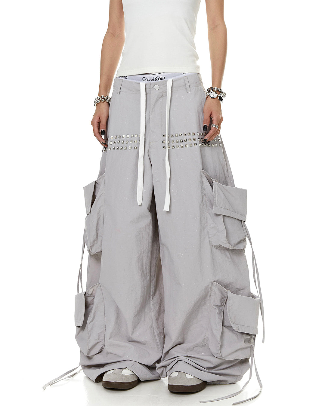 ALL-OVER SEQUIN STUDDED PARACHUTE CARGO PANTS -  GRAY
