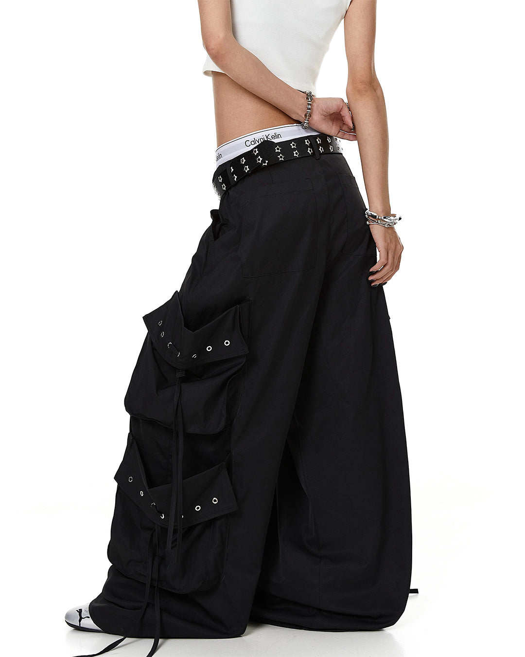 MULTI-POCKET PARACHUTE DANCE CARGO PANTS - BLACK