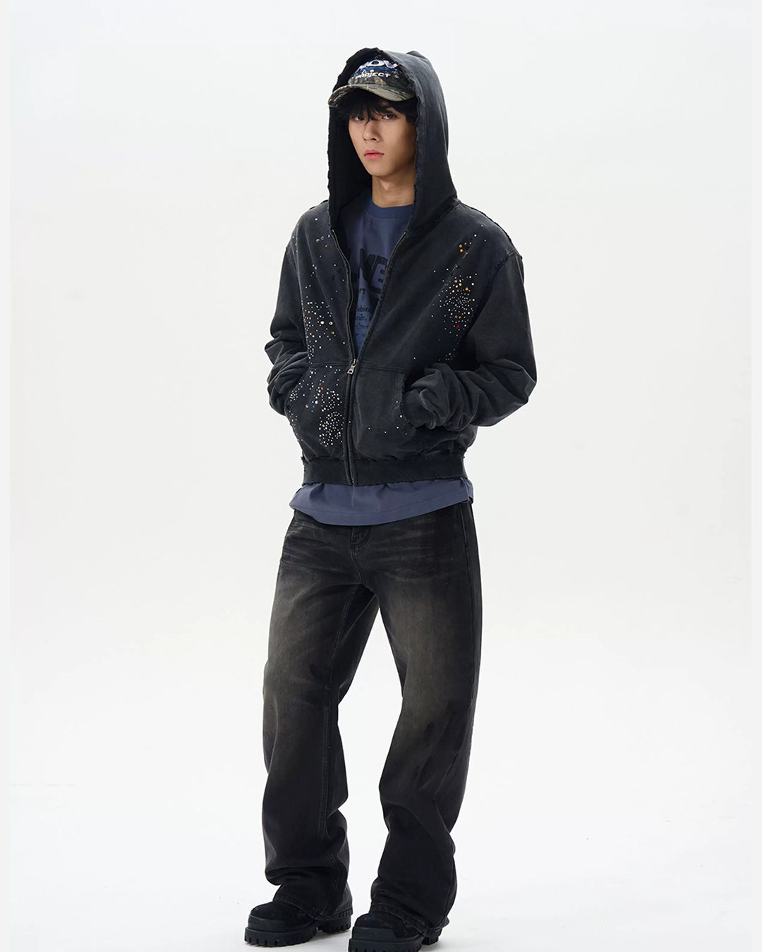 CROPPED BOXY RHINESTONE ZIP-UP HOODIES - BLACK