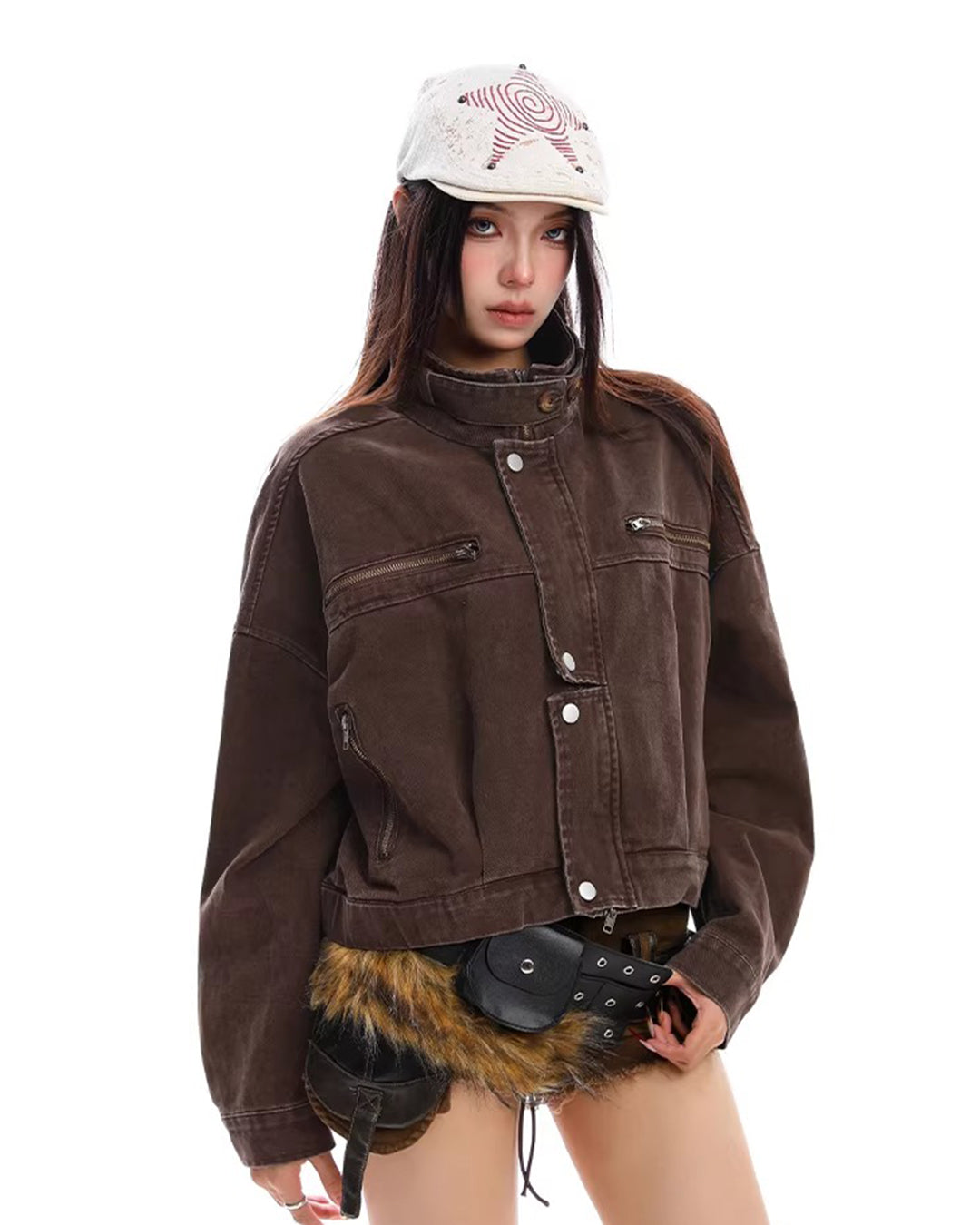 WASHED DISTRESSED CARGO DENIM JACKETS - BROWN