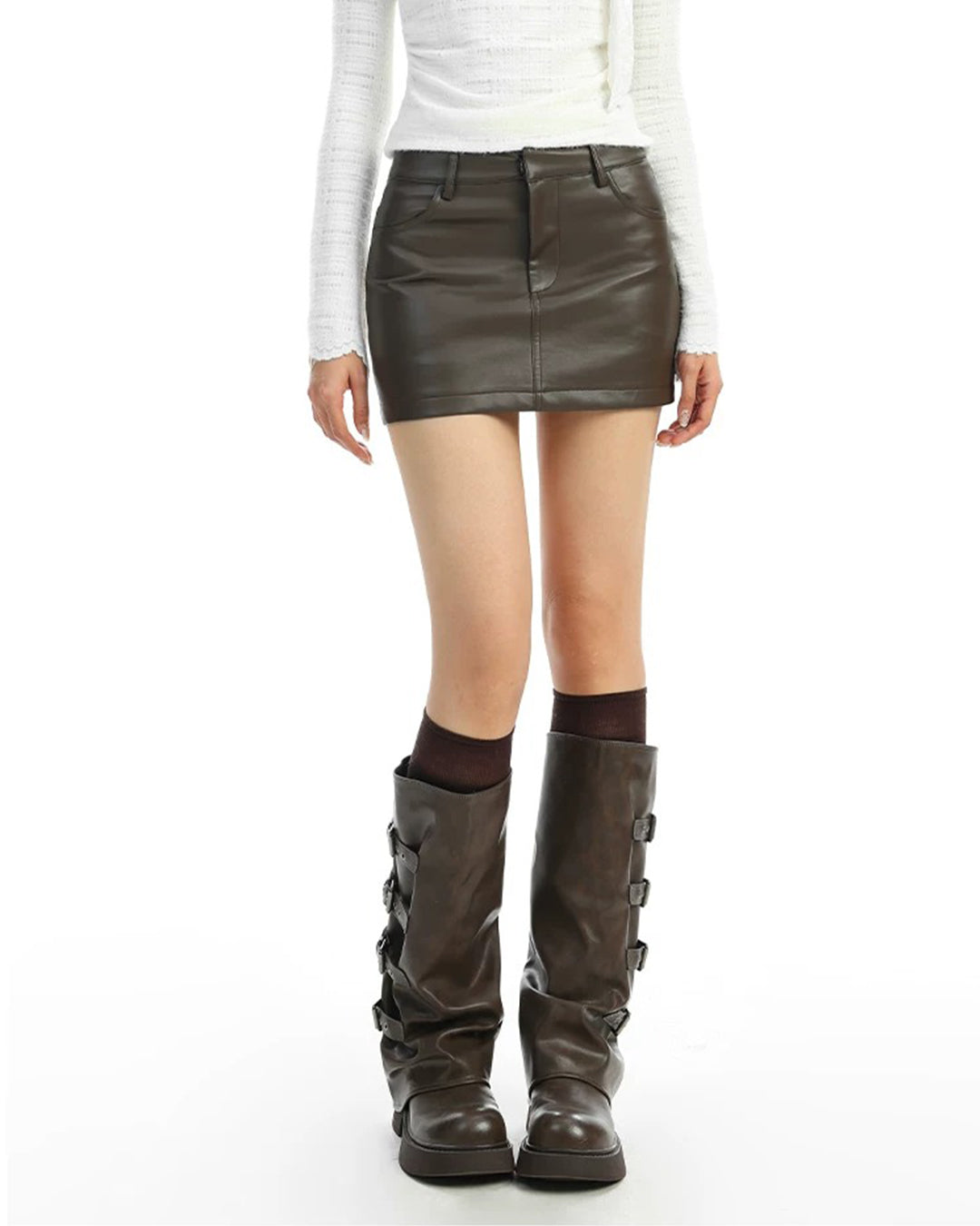 MELANGE HIGH WAIST FAUX LEATHER MINI SKIRTS