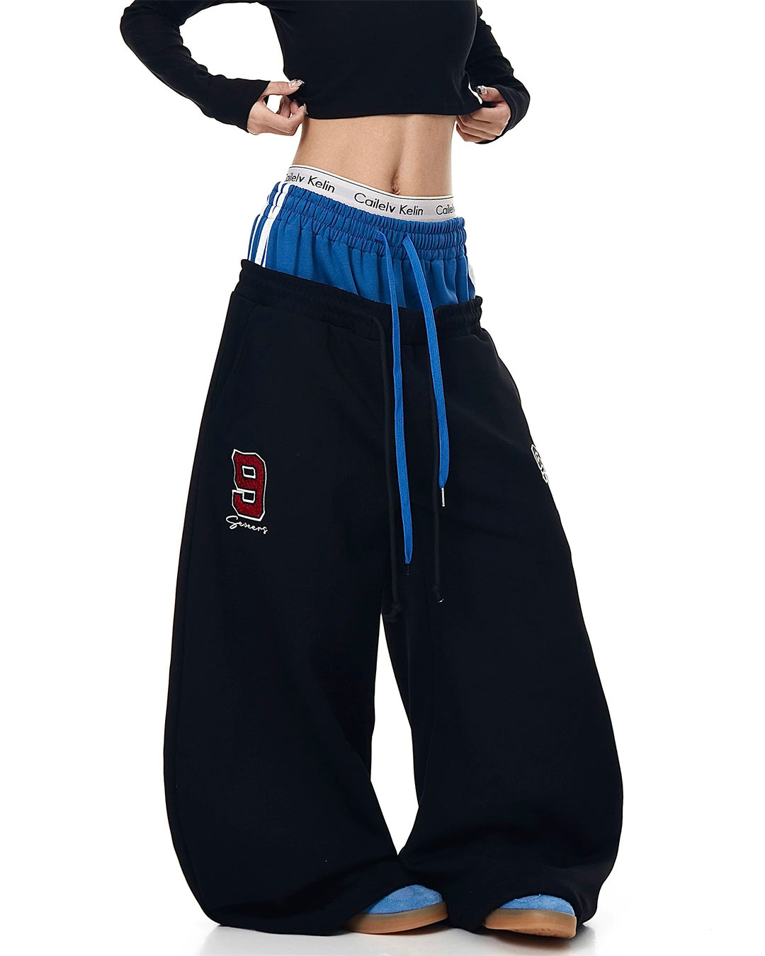 LAYERED WAIST LETTER GRAPHIC BARREL LEG JOGGERS - BLUE &amp; BLACK