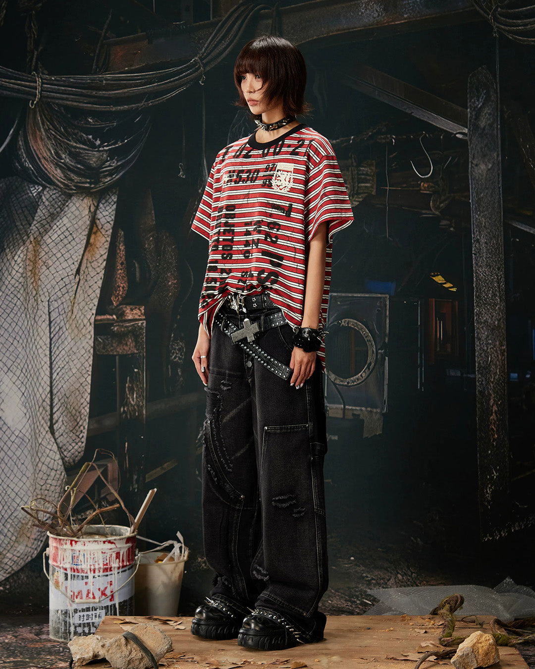 STRIPED PRINT COLORBLOCK T-SHIRT - RED
