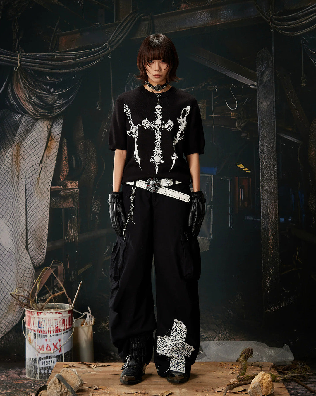 LEOPARD DOUBLE WAISTBAND PATCHWORK CARGO PANTS - BLACK