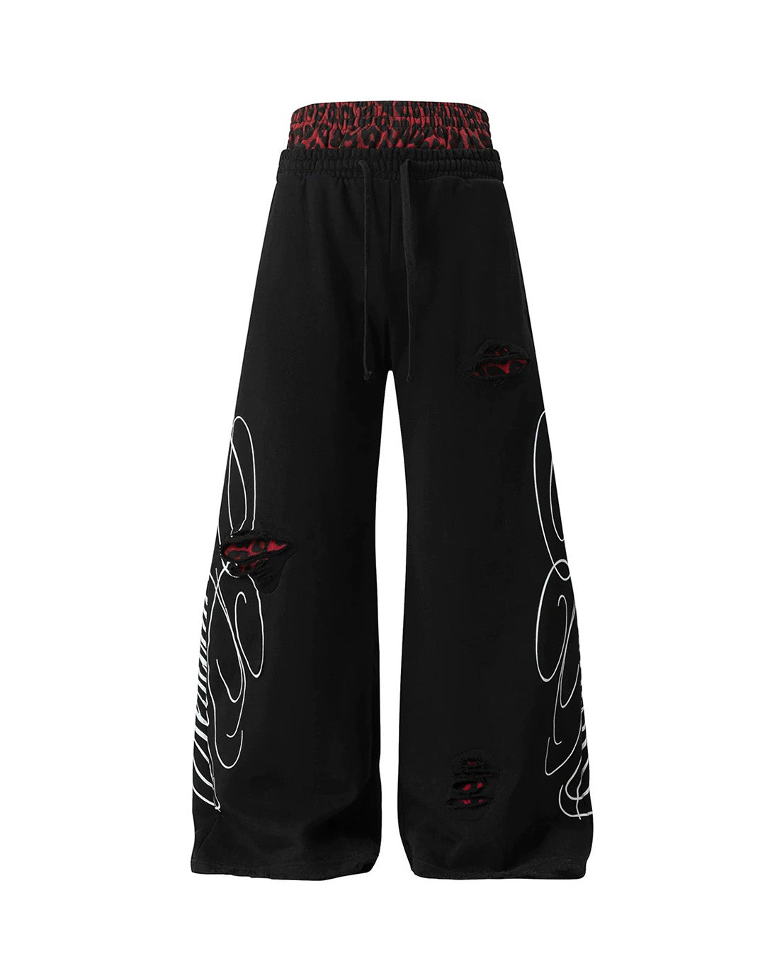 DAMAGE FLOW LEOPARD DOUBLE WAIST WIDE LEG PANTS - BLACK